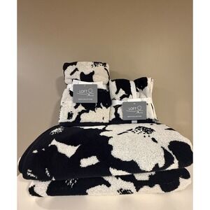 New Loft Loftex Stunning Black Ivory Color Blocked Floral 6 Towels‎ Washcloths